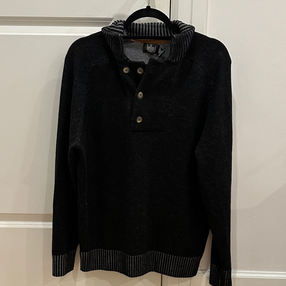 Belford Black Sweater with Gray Striped Details and Buttons